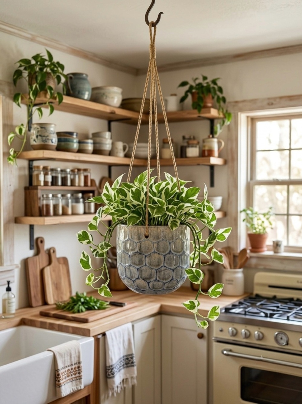 Ceramic Hanging Planter with Drainage Hole | 6 Inch Speckled Honeycomb Glaze